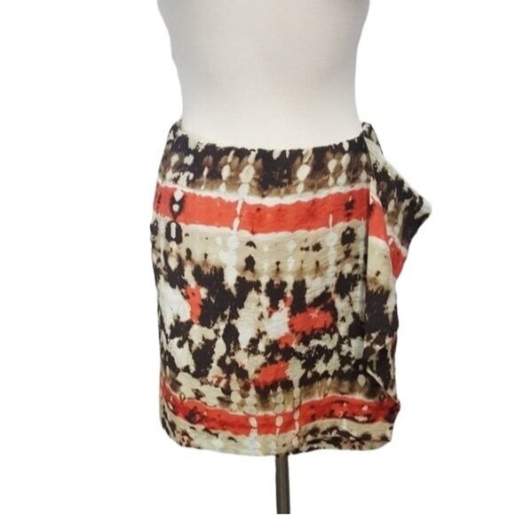 Vince Camuto Skirt Abstract Tie-Dye‎ Mini Skirt Faux Wrap Brown Orange 8 Petite - Picture 2 of 8